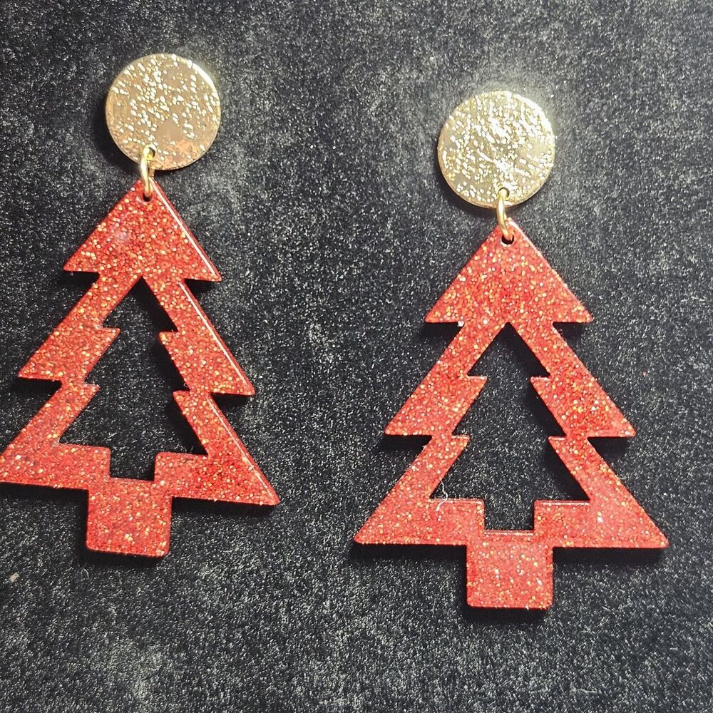 Gold Tone Red Acrylic Sparkly Christmas Tree Dangling Earrings